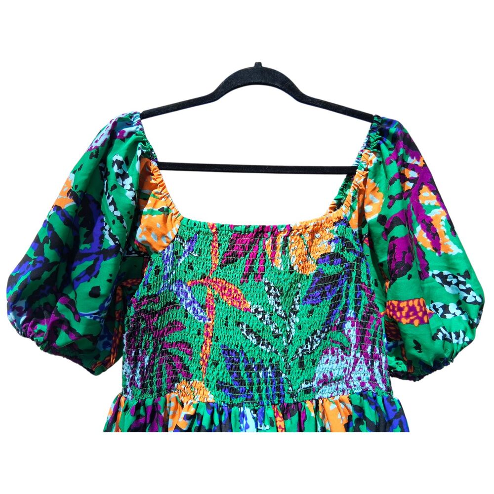 Cato Size Large Tropical Floral Smocked Puff Sleeve Dress - Green & Orange - Picture 3 of 4